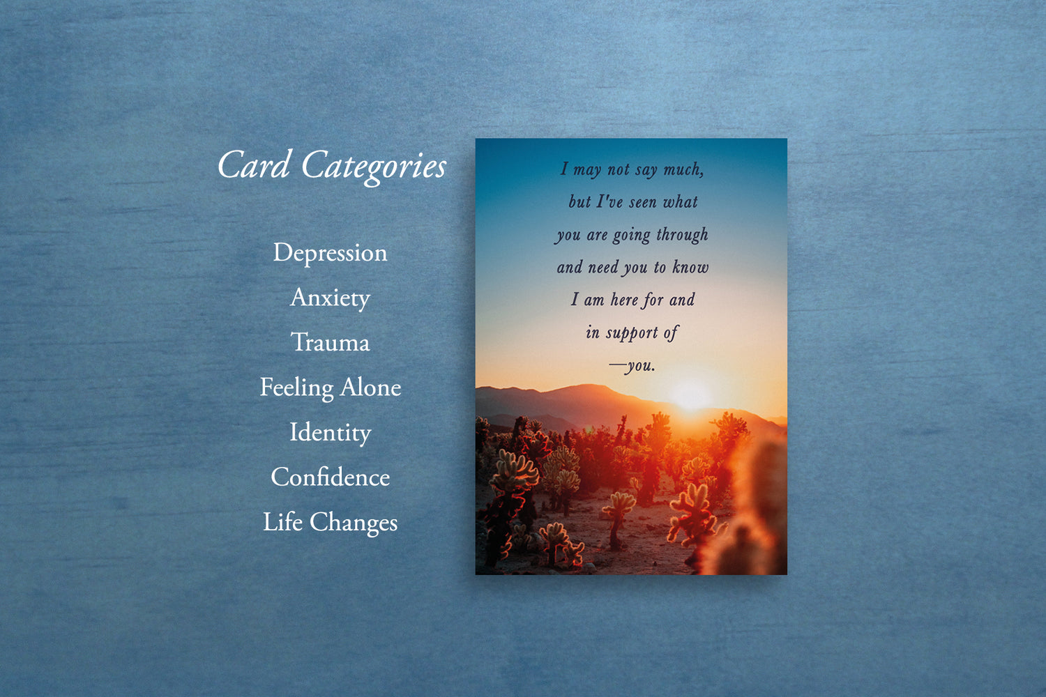 Mental Health Card categories that include depression, anxiety, trauma, feeling isolated/alone, identity, confidence, and life changes.